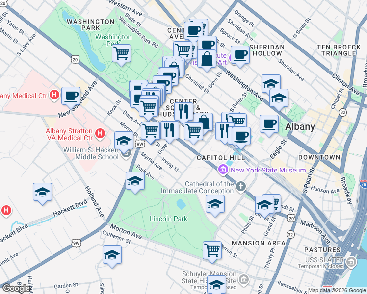 map of restaurants, bars, coffee shops, grocery stores, and more near 335 Madison Avenue in Albany