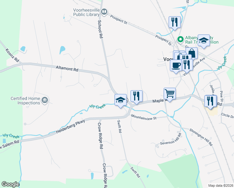 map of restaurants, bars, coffee shops, grocery stores, and more near 11 Altamont Road in Voorheesville
