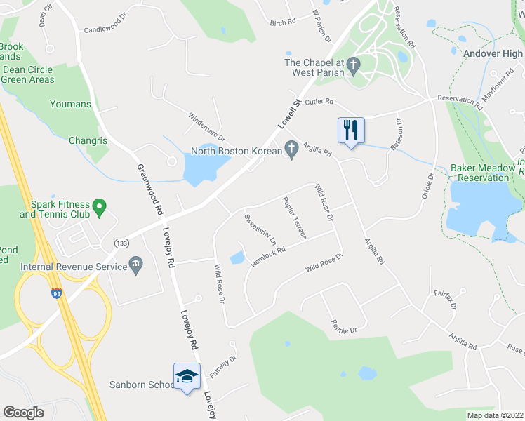 map of restaurants, bars, coffee shops, grocery stores, and more near 9 Wild Rose Drive in Andover