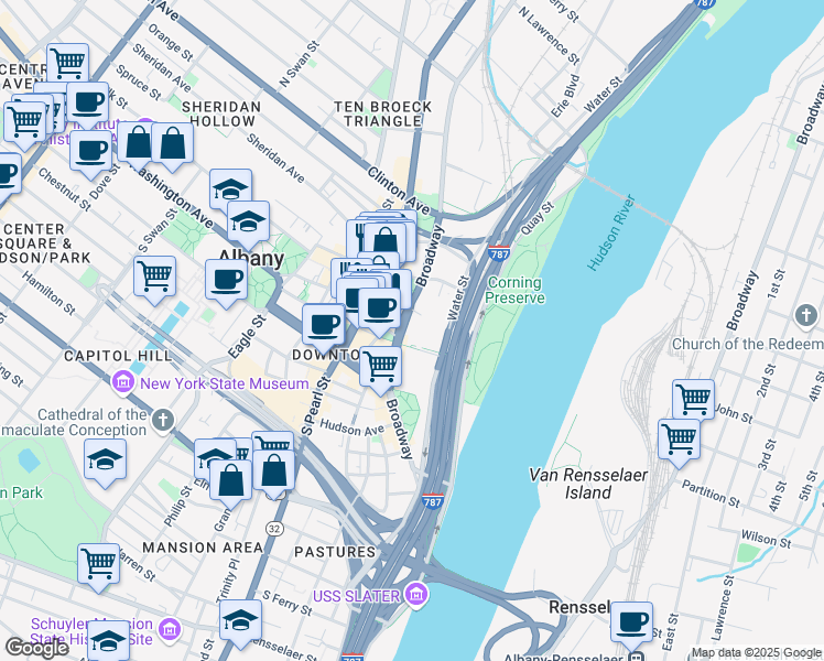 map of restaurants, bars, coffee shops, grocery stores, and more near 515 Broadway in Albany