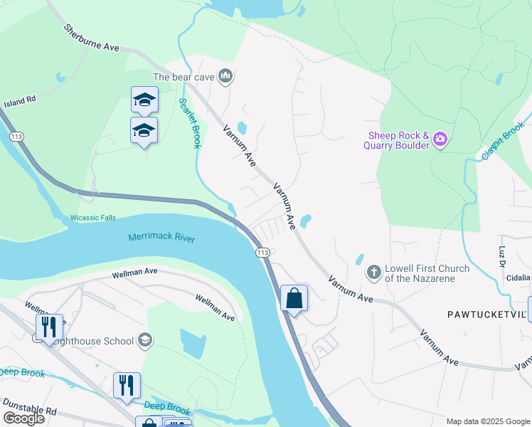 map of restaurants, bars, coffee shops, grocery stores, and more near 6 Cresta Drive in Lowell