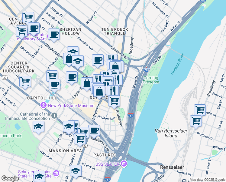 map of restaurants, bars, coffee shops, grocery stores, and more near 40 North Pearl Street in Albany