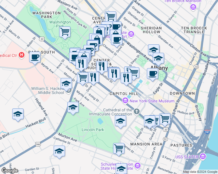 map of restaurants, bars, coffee shops, grocery stores, and more near 335 Madison Avenue in Albany
