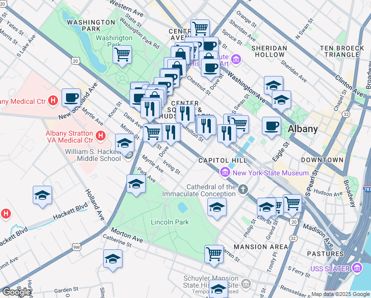 map of restaurants, bars, coffee shops, grocery stores, and more near 335 Madison Avenue in Albany