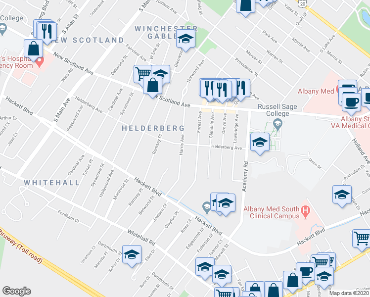 map of restaurants, bars, coffee shops, grocery stores, and more near 31 Harris Avenue in Albany