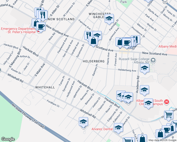 map of restaurants, bars, coffee shops, grocery stores, and more near 54 Pinewood Avenue in Albany