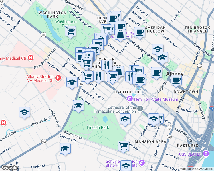 map of restaurants, bars, coffee shops, grocery stores, and more near 350 Madison Avenue in Albany