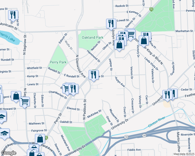 map of restaurants, bars, coffee shops, grocery stores, and more near 26 Gage Street in Pontiac