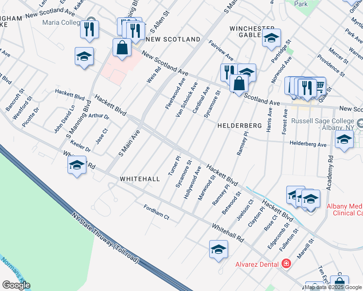 map of restaurants, bars, coffee shops, grocery stores, and more near 213 Hackett Boulevard in Albany