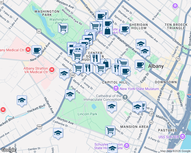 map of restaurants, bars, coffee shops, grocery stores, and more near 350 Madison Avenue in Albany