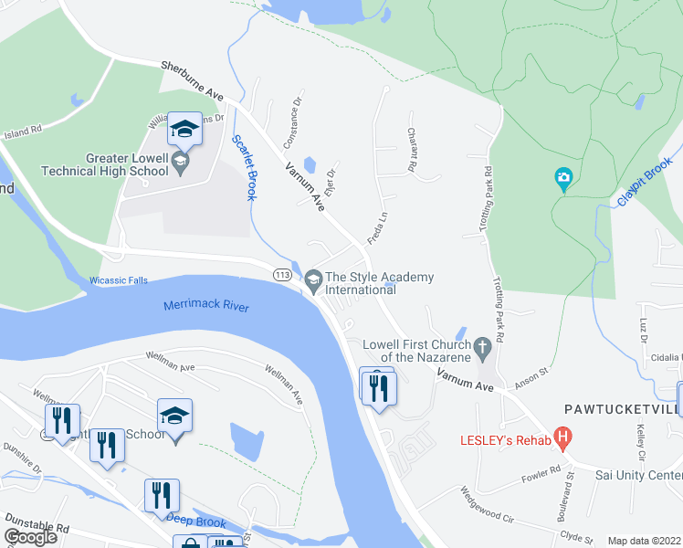 map of restaurants, bars, coffee shops, grocery stores, and more near 6 Cresta Drive in Lowell