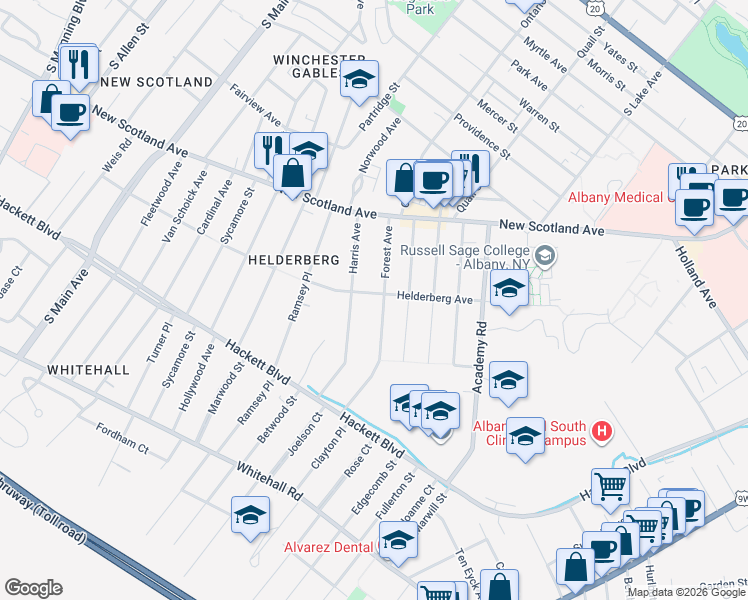 map of restaurants, bars, coffee shops, grocery stores, and more near 31 Forest Avenue in Albany