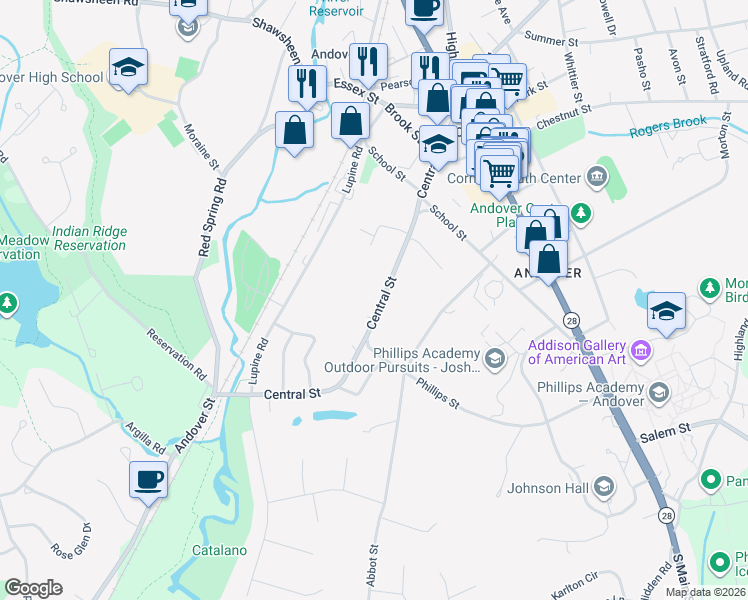 map of restaurants, bars, coffee shops, grocery stores, and more near 65 Central Street in Andover