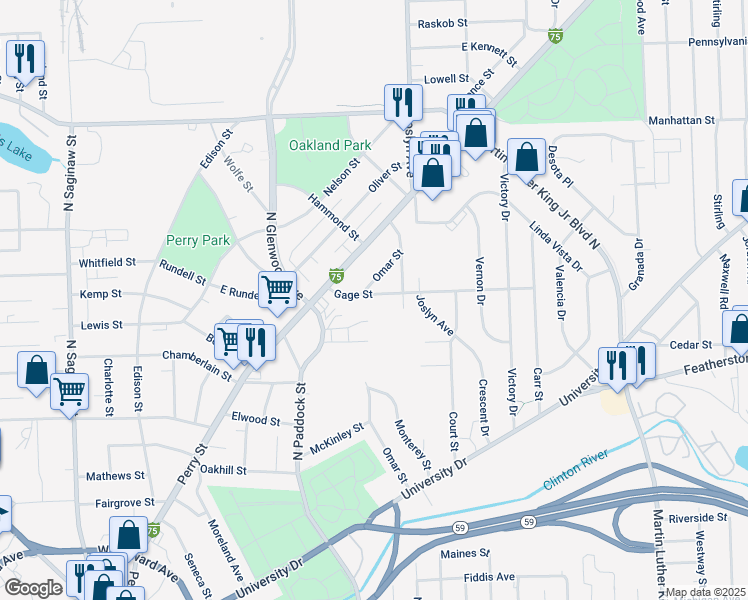 map of restaurants, bars, coffee shops, grocery stores, and more near 54 Gage Street in Pontiac