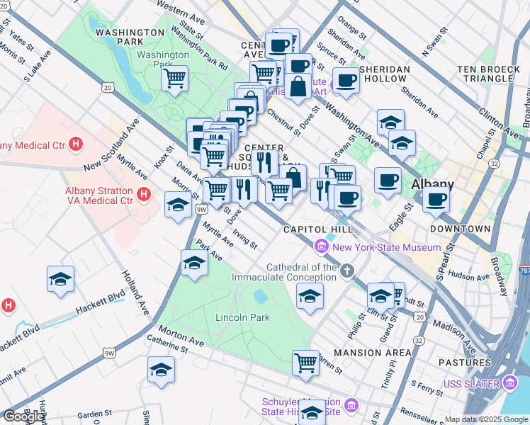 map of restaurants, bars, coffee shops, grocery stores, and more near 335 Madison Avenue in Albany