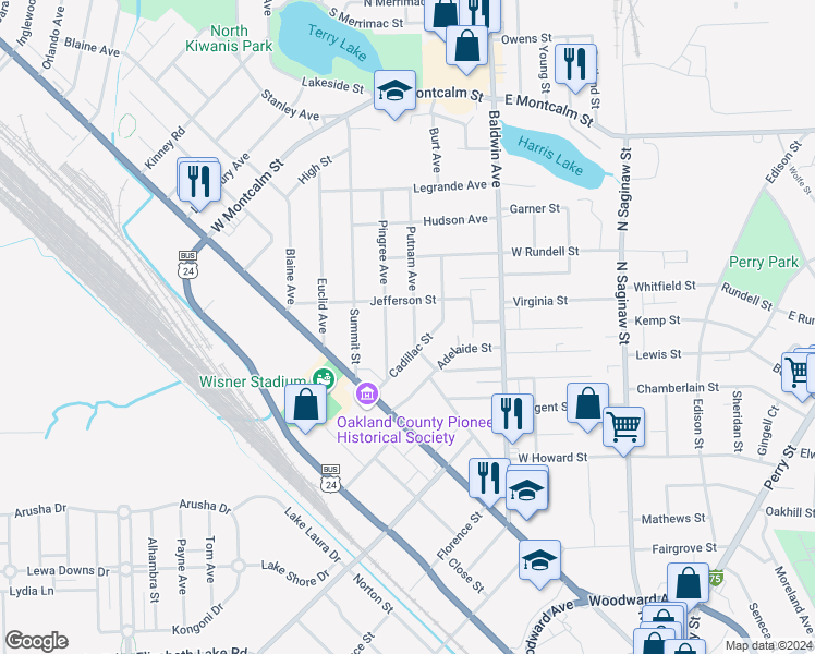 map of restaurants, bars, coffee shops, grocery stores, and more near 25 Putnam Avenue in Pontiac