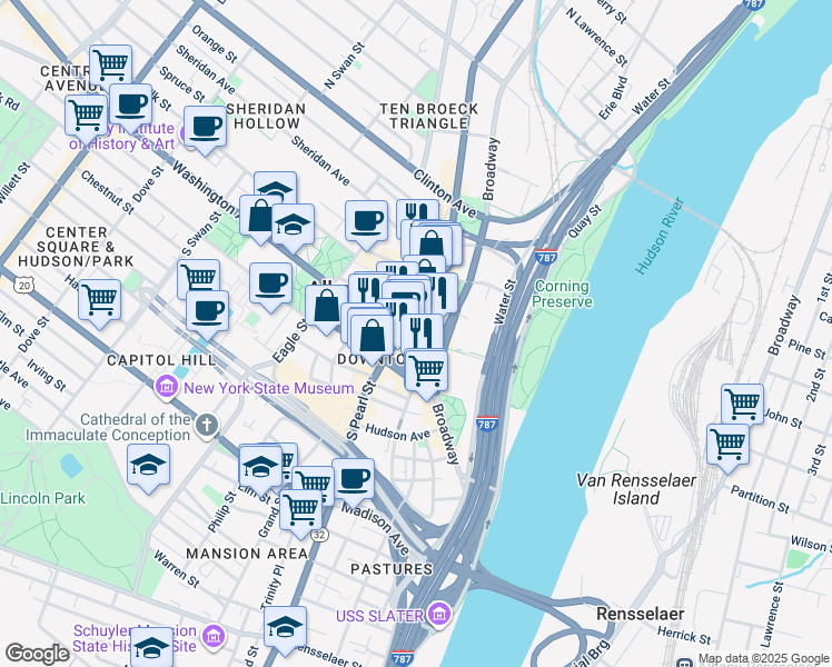 map of restaurants, bars, coffee shops, grocery stores, and more near 40 North Pearl Street in Albany