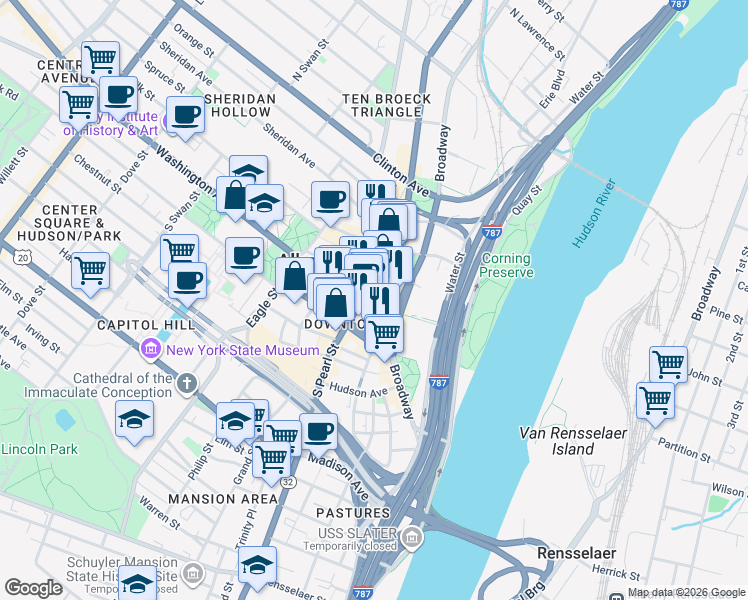 map of restaurants, bars, coffee shops, grocery stores, and more near 40 North Pearl Street in Albany