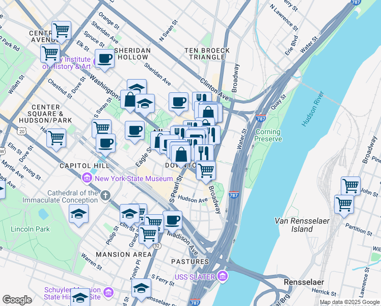map of restaurants, bars, coffee shops, grocery stores, and more near 33 North Pearl Street in Albany