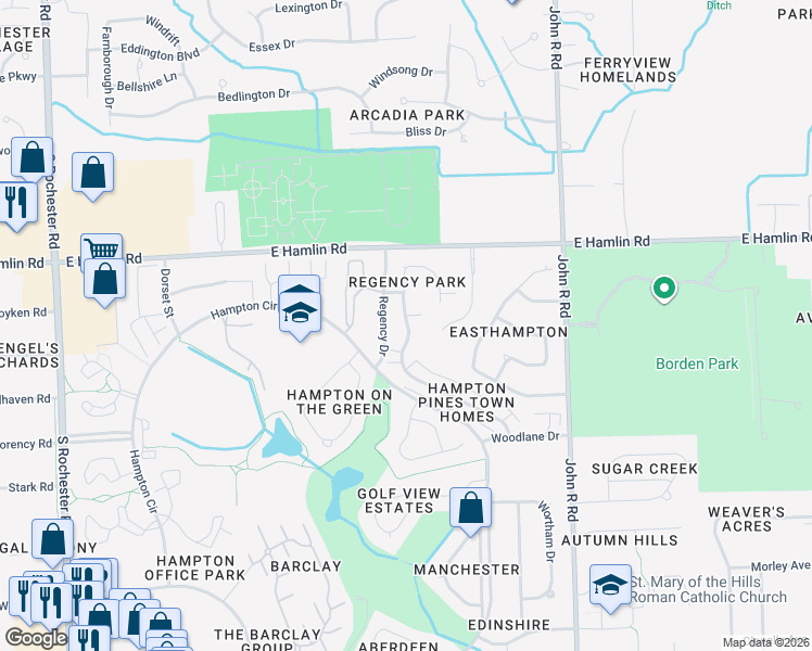 map of restaurants, bars, coffee shops, grocery stores, and more near 2216 London Bridge Drive in Rochester Hills