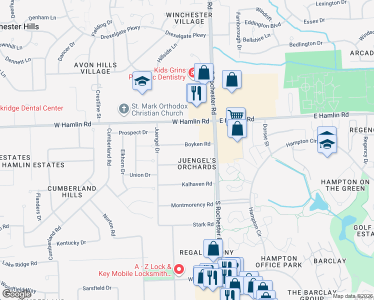 map of restaurants, bars, coffee shops, grocery stores, and more near 92 Boyken Road in Rochester Hills