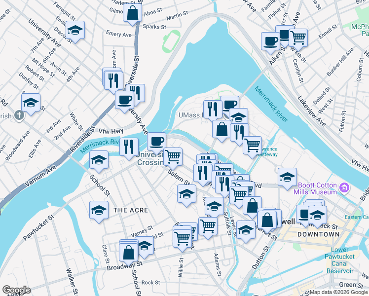 map of restaurants, bars, coffee shops, grocery stores, and more near 511 Moody Street in Lowell