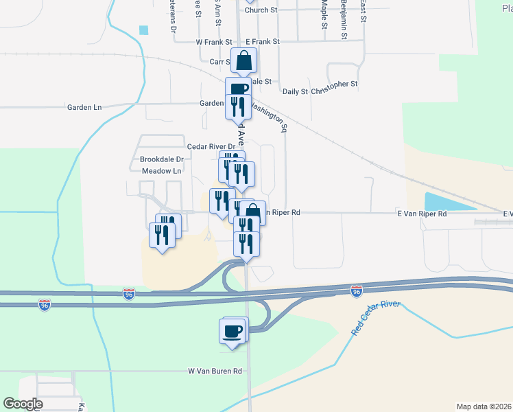 map of restaurants, bars, coffee shops, grocery stores, and more near 701 Village Drive in Fowlerville
