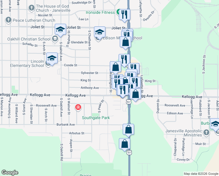 map of restaurants, bars, coffee shops, grocery stores, and more near 1210 Anthony Avenue in Janesville