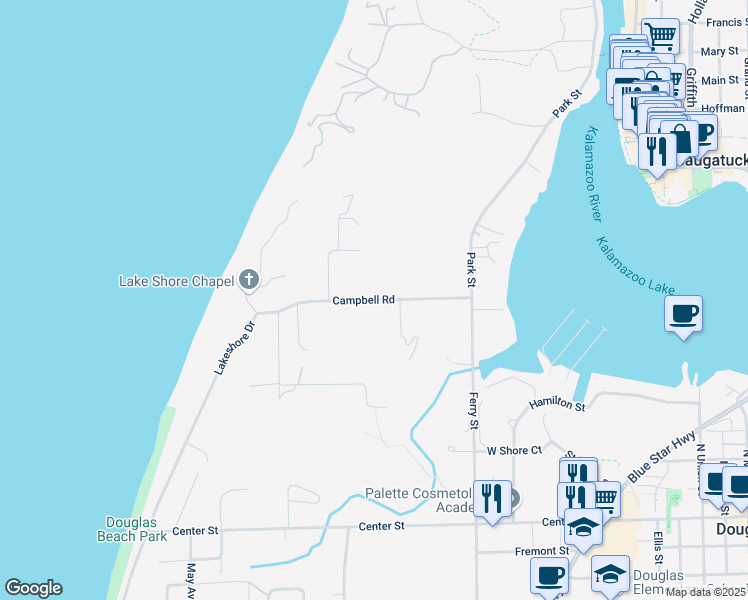 map of restaurants, bars, coffee shops, grocery stores, and more near Campbell Road in Douglas