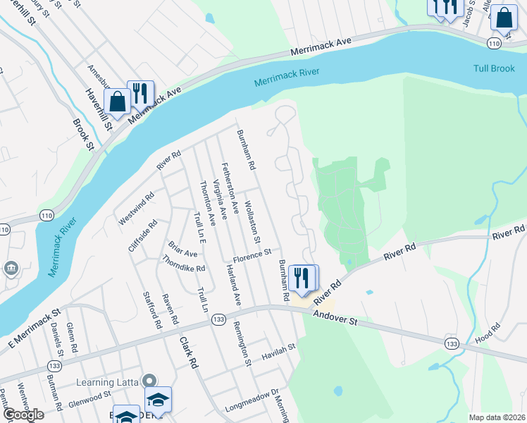 map of restaurants, bars, coffee shops, grocery stores, and more near 178 Burnham Road in Lowell