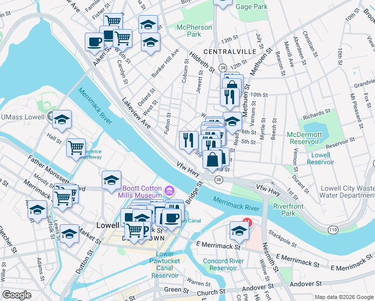 map of restaurants, bars, coffee shops, grocery stores, and more near 55 West 3rd Street in Lowell