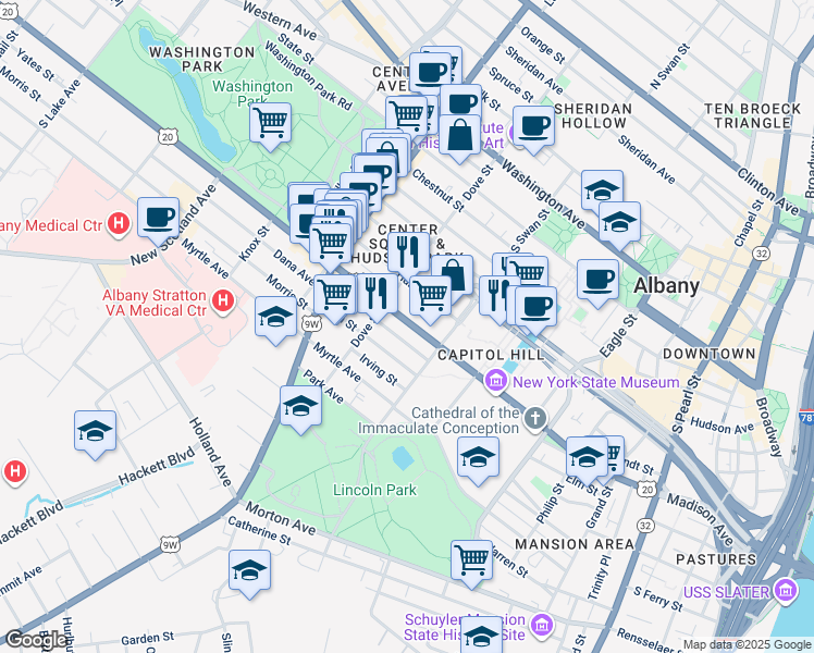 map of restaurants, bars, coffee shops, grocery stores, and more near 335 Madison Avenue in Albany