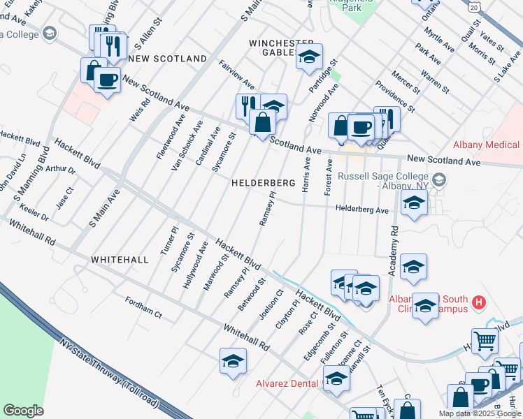 map of restaurants, bars, coffee shops, grocery stores, and more near 54 Pinewood Avenue in Albany