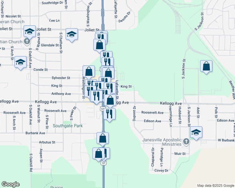 map of restaurants, bars, coffee shops, grocery stores, and more near 1920 Lafayette Street in Janesville