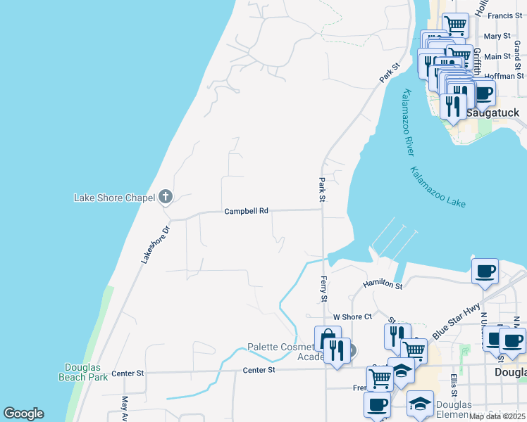 map of restaurants, bars, coffee shops, grocery stores, and more near Campbell Road in Douglas