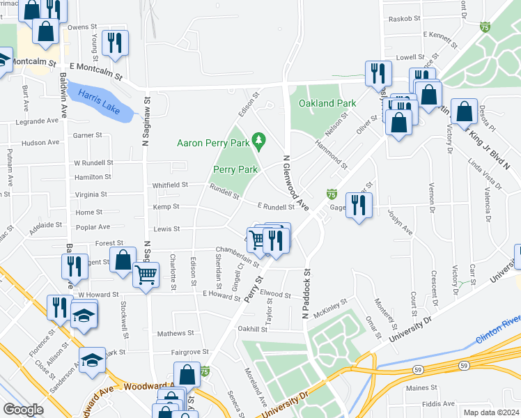 map of restaurants, bars, coffee shops, grocery stores, and more near 208 East Rundell Street in Pontiac