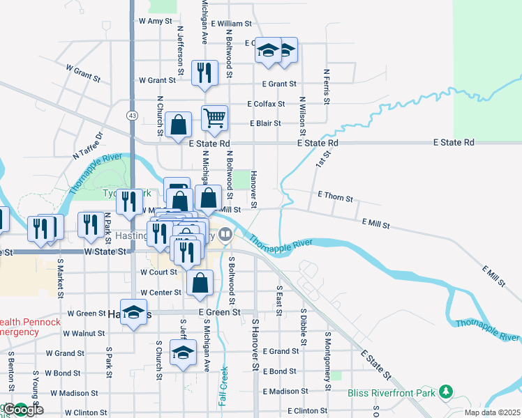 map of restaurants, bars, coffee shops, grocery stores, and more near 420 East Mill Street in Hastings