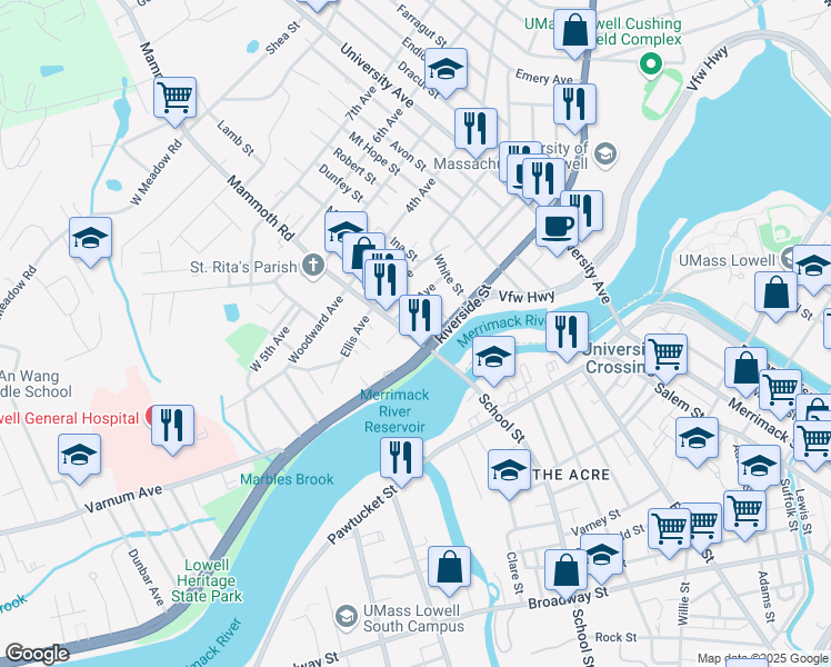map of restaurants, bars, coffee shops, grocery stores, and more near 15 Mammoth Road in Londonderry