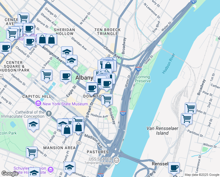 map of restaurants, bars, coffee shops, grocery stores, and more near 540 Broadway in Albany