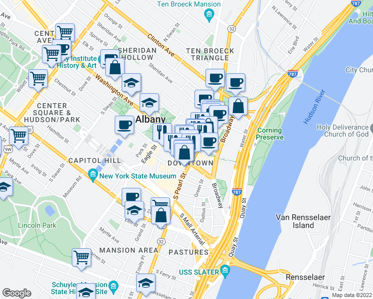 map of restaurants, bars, coffee shops, grocery stores, and more near 40 Lodge Street in Albany