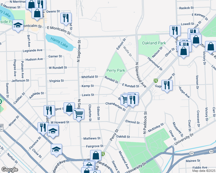 map of restaurants, bars, coffee shops, grocery stores, and more near 113 Kemp Street in Pontiac