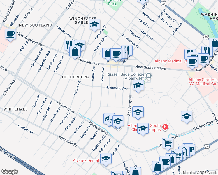 map of restaurants, bars, coffee shops, grocery stores, and more near Helderberg Ave & Glendale Ave in Albany