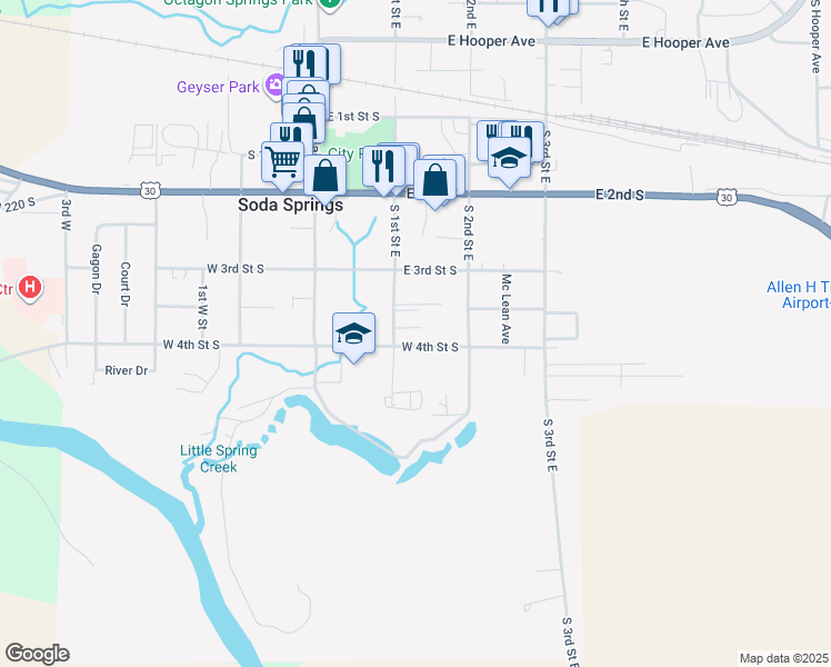 map of restaurants, bars, coffee shops, grocery stores, and more near 121 East 4th Street South in Soda Springs