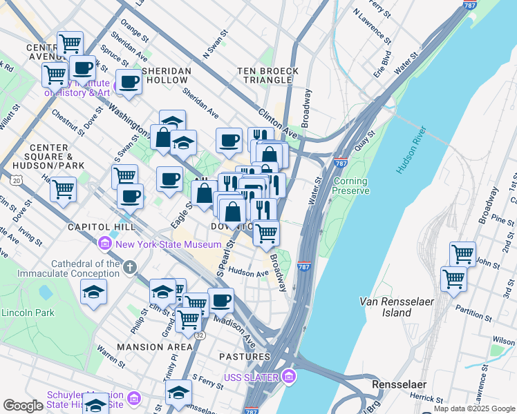 map of restaurants, bars, coffee shops, grocery stores, and more near 35 North Pearl Street in Albany