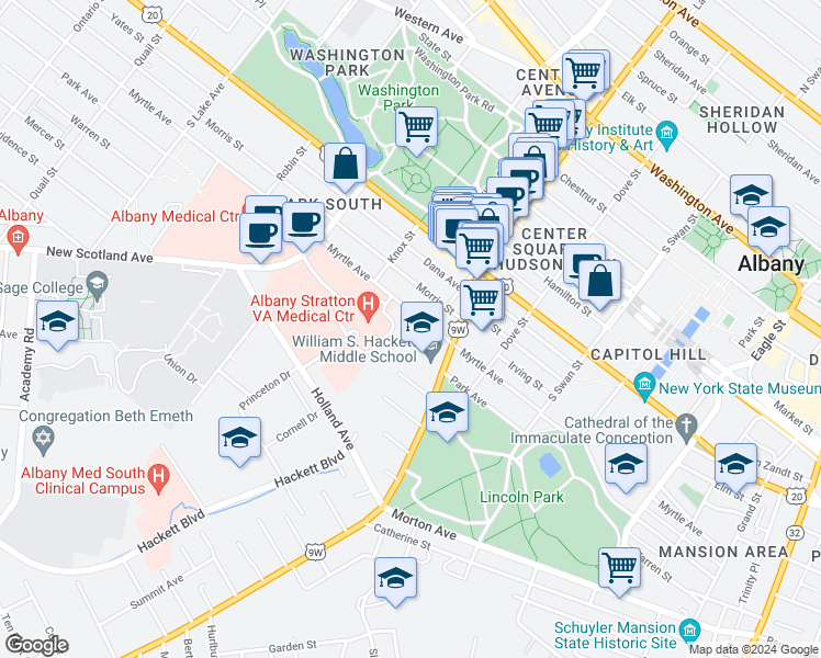 map of restaurants, bars, coffee shops, grocery stores, and more near 296 Myrtle Avenue in Albany