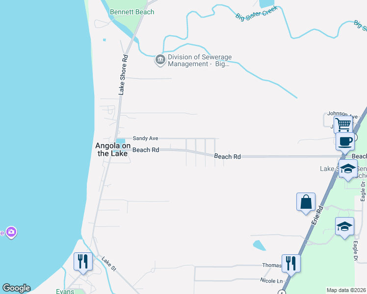 map of restaurants, bars, coffee shops, grocery stores, and more near 729 Sandy Avenue in Angola