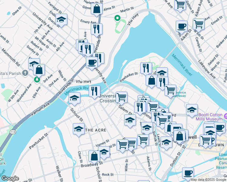 map of restaurants, bars, coffee shops, grocery stores, and more near 200 Pawtucket Street in Lowell