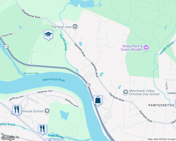 map of restaurants, bars, coffee shops, grocery stores, and more near 6 Cresta Drive in Lowell