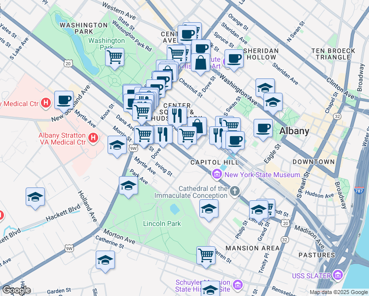 map of restaurants, bars, coffee shops, grocery stores, and more near 335 Madison Avenue in Albany
