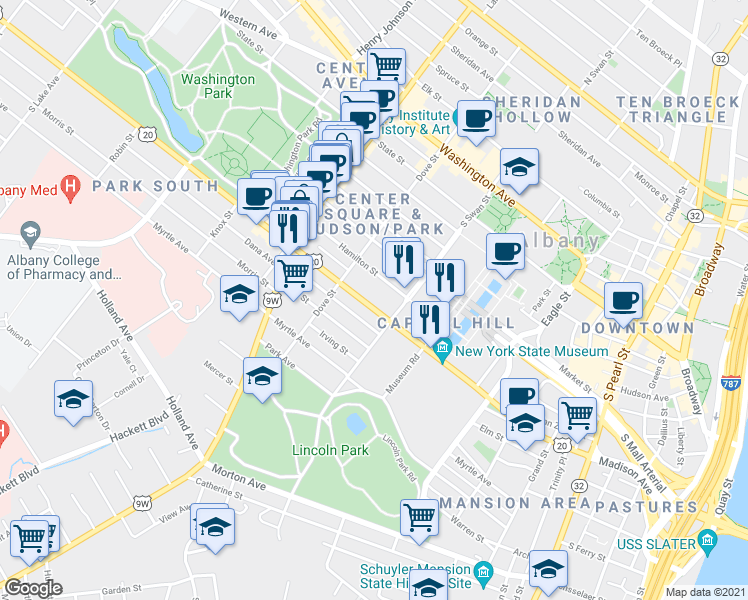map of restaurants, bars, coffee shops, grocery stores, and more near 335 Madison Avenue in Albany